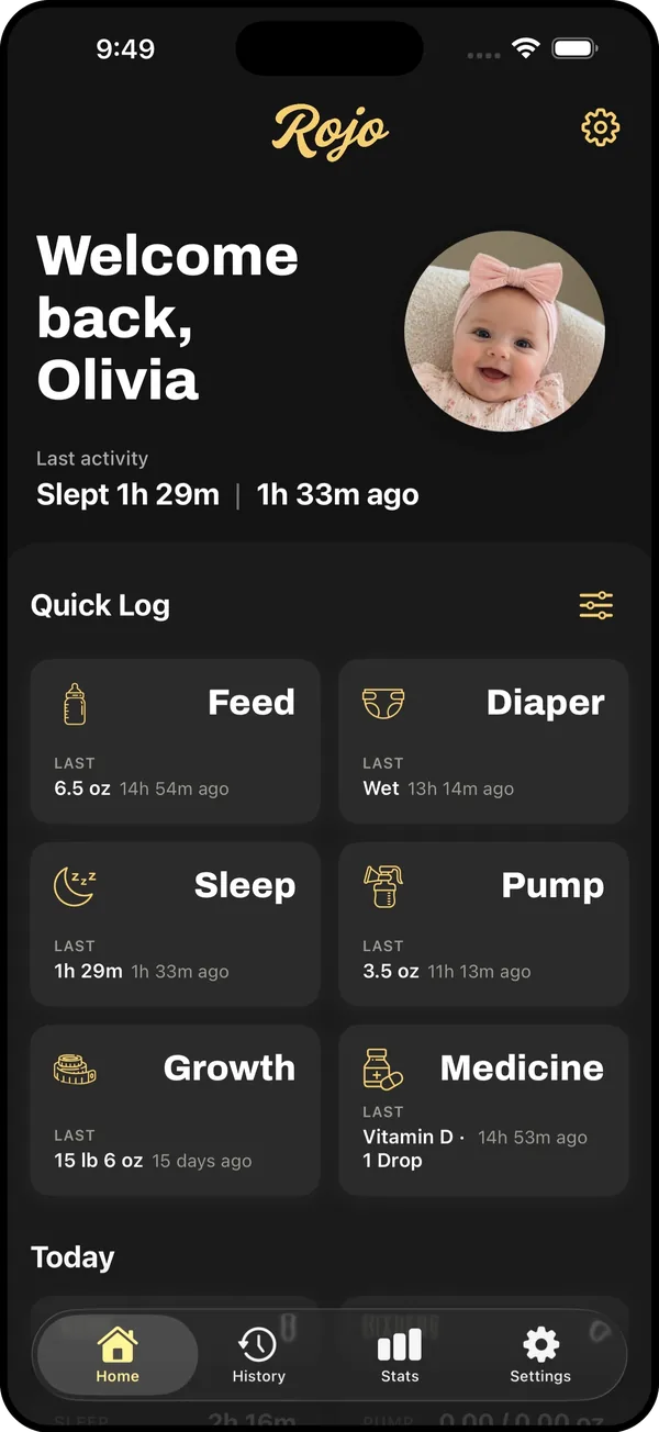 The Rojo home screen in dark mode.