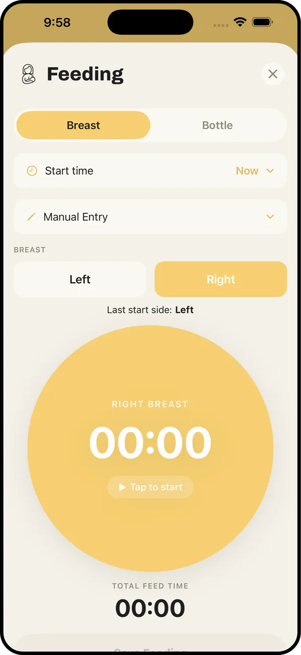 The Rojo feed screen, with a large timer button for logging a breast or bottle feed.