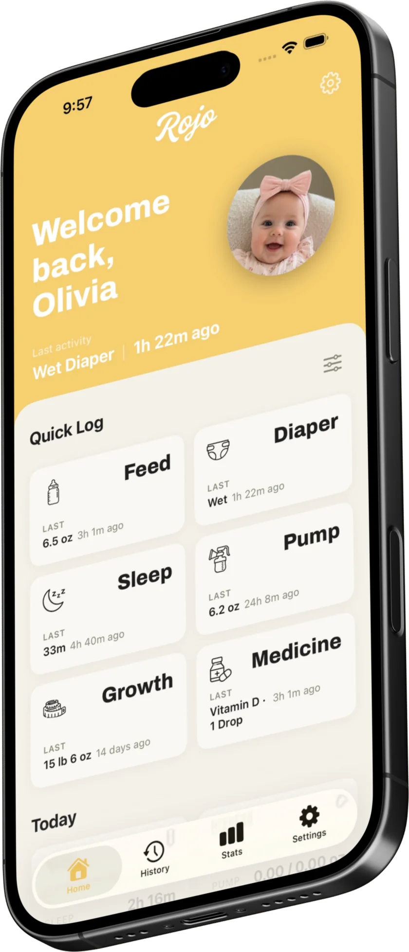 The Rojo home screen on an iPhone, showing a welcome greeting and a Quick Log grid with the last feed, diaper, sleep, pump, growth, and medicine entries.
