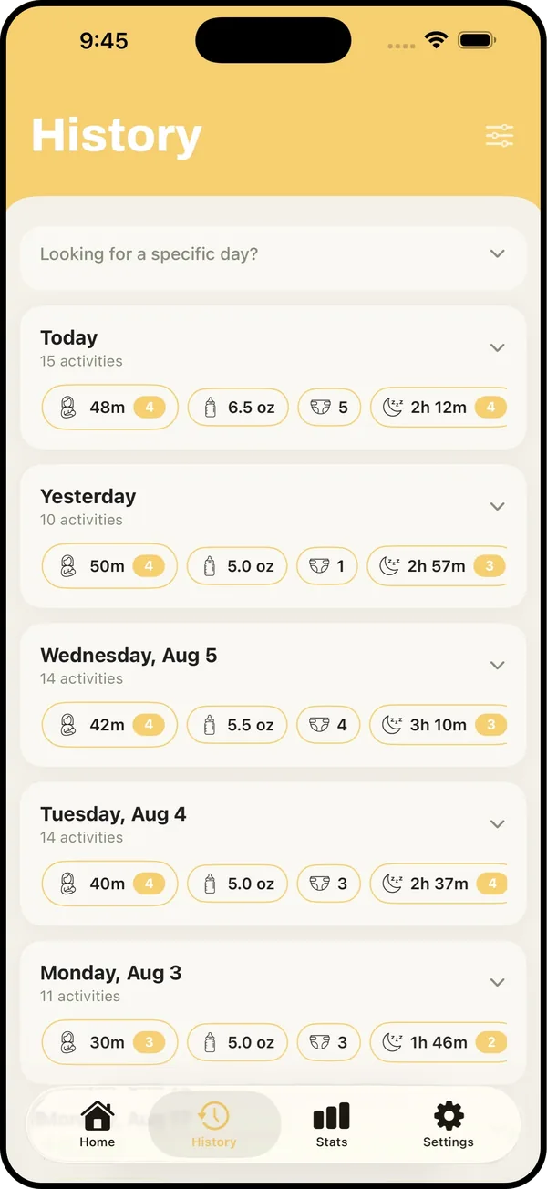 The Rojo history screen, listing past entries grouped by day.