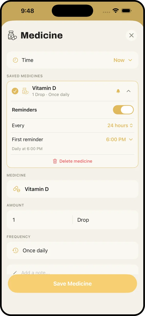 The Rojo medicine screen, showing a saved medicine with its dosage and reminder schedule.